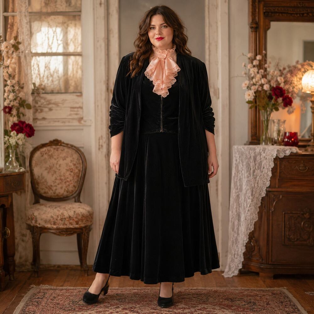 1980s Black Velvet 3 Piece Skirt Suit Jacket Vest Skirt Handmade - XL